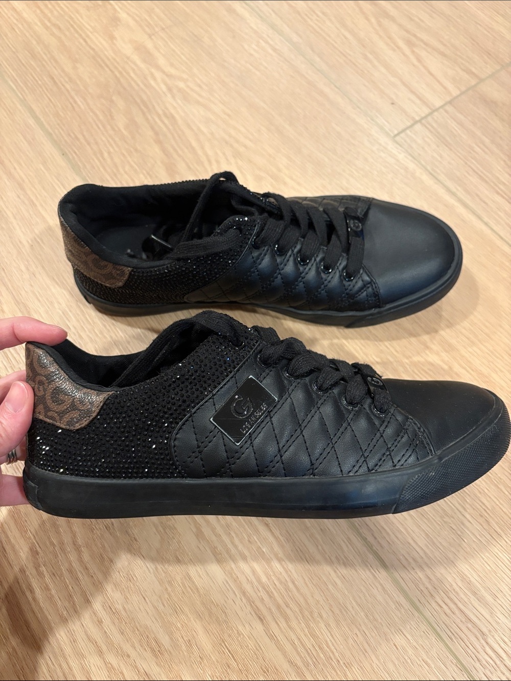 G by Guess Black Quilted & Sparkle Low-Top Sneakers with Brown Accent